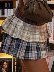 BXOXO - Vintage Contrast Plaid Double-Layer Pleated Skirt