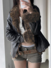 BXOXO - summer inspo Autumn New Clothes Women’s Leather Coat Long Sleeve Spliced Faux Trim Button Slim Fit Chic Coat