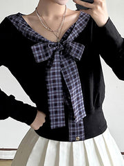 BXOXO - V-Neck Plaid Tie Bow Contrast Long Sleeve Top