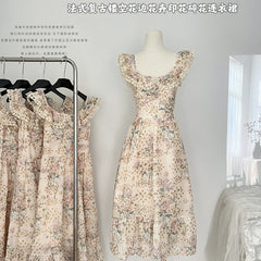 BXOXO - summer inspo French Retro Square Collar Spliced Folds Ruffles Floral Dress Female Clothing 2025 Summer New Loose Sweet Sleeveless Slip Dress