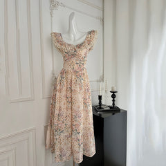 BXOXO - summer inspo French Retro Square Collar Spliced Folds Ruffles Floral Dress Female Clothing 2025 Summer New Loose Sweet Sleeveless Slip Dress