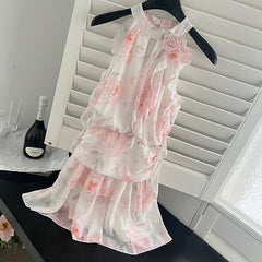 BXOXO - summer inspo 2025 Summer Halter Neck Floral Print Dress Beach Style Party Mini Dress Women's Sweet Sleeveless Dresses