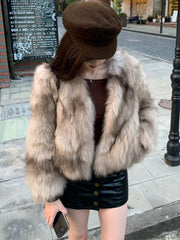 BXOXO party look inspos Women's Winter Jacket Sweet Faux Fur Coat Fashion New Short Thicken Warm Outerwear Vintage Office Lady Streetwear Casual Clothes