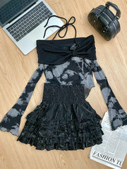 BXOXO - summer inspo Spring Two Piece Set Women Slash Neck Strap T-shirt Cute Skirt Suit Female Korean Slim Tops+Princess Cake Skirt 2025