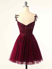 BXOXO Burgundy A-Line Tulle Lace Short Prom Dress, Cute Burgundy Homecoming Dress