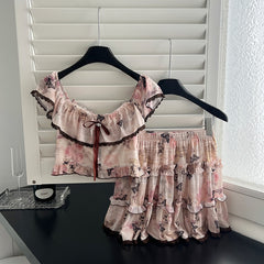 BXOXO - summer inspo Fashionable Sweet Two Piece Set Women Slash Neck Short Sleeve Tops High Waist A-Line Skirt Patchwork Ruffles Sets 2025 New