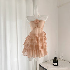 BXOXO - summer inspo Fashion Sweet Roses Multilayers Ruffles Dress Hanging Neck Pleated Lotus Irregular Backless Dress Wrinkled Skirt Vestidos