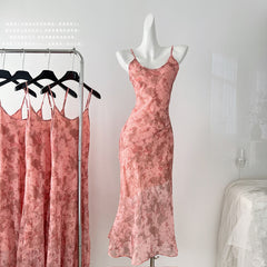 BXOXO - summer inspo French Floral Strap Dress for Women 2025 Summer New Vintage V-neck Sleeveless Fishtail Dress Vacation Style Sling Dresses