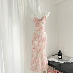 BXOXO - summer inspo 2025 Summer V-Neck Floral Suspender Dresses For Women High Waist Slim Fit Sexy Vintage Printing Dress French Gentle Style