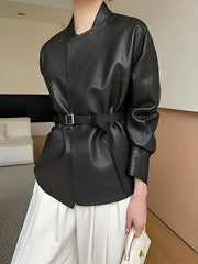 BXOXO Long Sleeves Loose Belted Solid Color Stand Collar Jackets Outerwear