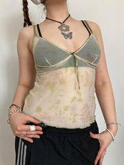 BXOXO - Sheer Print Mesh Ruffle Trim Cami Top