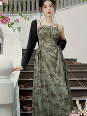 BXOXO Long Sleeve Chic Floral Print Cami Dress Set with Open Front Crop Cardigan & Square Neck Sleeveless A-line Drawstring Ruched Outfits for Women