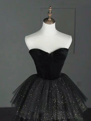 BXOXO A-Line Sweetheart Neck Tulle Velvet Black Long Prom Dress, Black Evening Dress