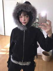 BXOXO Japanese Y2k Hoodies Women Vintage Black Fur Jackets Korean Style Hooded Sweatshirt Grunge Zipper Casual Coat Aesthetics