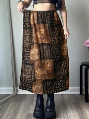 Vintage Random Print Elastic Waist Midi Skirt