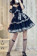 BXOXO - Black/White Plaid Print Color Contrast Leather Buckle Bowknot Ruffle Gothic Lolita JSK Dress