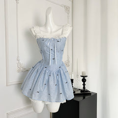 BXOXO - summer inspo Fashion Dresses Women Polka Dot Bowknot Sleeveless Lace Square Collar Slim Vintage Sexy Mini Dress Sweet Party