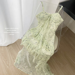 BXOXO - summer inspo Summer Dress 2025 Women Green Floral Print Sling Dress Irregular Design Female V Neck Sleeveless Dress Vestido