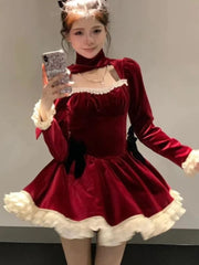 BXOXO party look inspos Vintage Christmas Sweet Velvet Princess Dresses for Women Autumn Elegant Lace Patchwork Birthday Party Vestidos Y2K Mini Dress