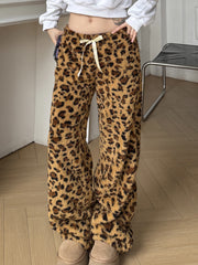 BXOXO - summer inspo Leopard Velvet Women Loose Long Pants Bow Y2k Retro Fashion Chic Warm Autumn New Trousers Design Street Style