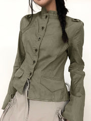 BXOXO - summer inspo Retro Green Slim Cargo Jackets Women Button Up Stand Collar Long Sleeve Autumn Korean New Fashion Outwear