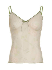 BXOXO - Sheer Print Mesh Ruffle Trim Cami Top