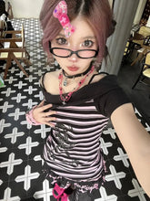 BXOXO Y2k Punk Sexy Women Clothing Gothic Stripe Streetwear Pink One shoulder Kawaii Skulls Aesthetic T Shirts 2000s Grunge Crop Top