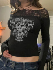 BXOXO - summer inspo Gothic Retro Lace Trim Slash Neck Blouses Women�Long Sleeve Y2k Darkly Chic Print Autumn Trendy Fashion Tops