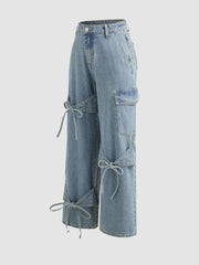 BXOXO Bowknot Pocket Wide Leg Jeans Women Y2k Low Rise Sweet Casual Denim Trousers Coquette Baggy Cargo Jeans Gyaru Streetwear