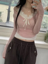 BXOXO - summer inspo Sweet Y2K Lace Contrast Patchwork Slim Long Sleeve Pink T Shirt Women 2000s Cute Kawaii Clothes