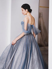 BXOXO Gray Blue Tulle Tea Length Prom Dress, Blue A line Formal Dresses