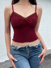 BXOXO - summer inspo Christmas Red Vintage Elegant Camisole Lace Trim V Neck Tie Bow Sleeveless Slim Cute Crop Top Women Y2K Streetwear Clothes