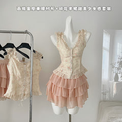 BXOXO - summer inspo Fairycore Buttom Up Sexy Halter Neck Crop Tops +Mini Skirt Suit Hotsweet Fashion 2 Piece Set Streetwear