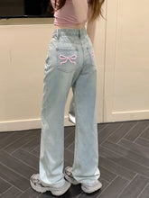 BXOXO Sweet Blue Jeans for Women Bow Embroidery Straight Denim Trousers Y2k Vintage Korean Style Baggy High Waist Jeans Casual