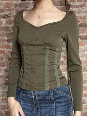 BXOXO - Vintage Lace Trim Button-Up Long Sleeve Top