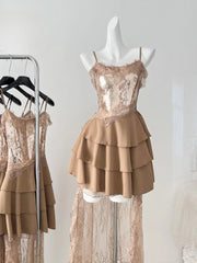 BXOXO Summer France Fashion Strap Irregular Party Dress Women Ruffles Splicing Lace Sequins Slim Mini Dress Sexy Chic Designer Clothes