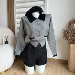 BXOXO - summer inspo Autumn Winter Doll Collar Sweater Cardigan Temperament Lovely Knitwear Lady Casual Short Top Fashion Set