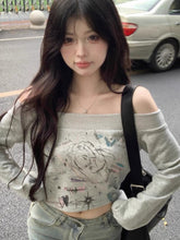 BXOXO Harajuku Graphic T-shirts Women Y2k Sexy Cropped Off Shoulder Tops Korean Fashion Gyaru Long Sleeve Anime Tees Autumn
