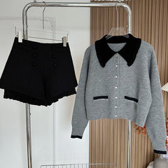 BXOXO - summer inspo Autumn Winter Doll Collar Sweater Cardigan Temperament Lovely Knitwear Lady Casual Short Top Fashion Set