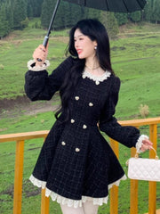BXOXO party look inspos Autumn Black Vintage Tweed Dresses Women Lace Patchwork Elegant Mini Dress Female Long Sleeve Chic Party Vestidos Y2K Clothes