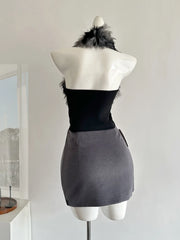 BXOXO Korea Elegant Sexy High End 2PC Set Women Plush Neck Halter Backless Short Vest+Mini Bag Hip Skirts Female Slim Nightclub Suit