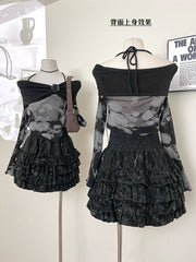 BXOXO - summer inspo Spring Two Piece Set Women Slash Neck Strap T-shirt Cute Skirt Suit Female Korean Slim Tops+Princess Cake Skirt 2025