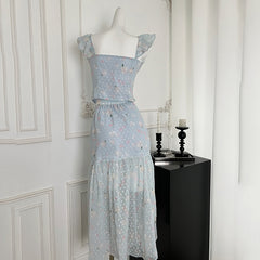 BXOXO - summer inspo Summer New Gentle Style Two-piece Set Women Sweet Little Flying Sleeves Short Tops + High Waist Long Skirt Suit