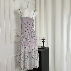 BXOXO - summer inspo Ruffle Edge Floral Print Suspender Dress For Women 2025 Summer New V-Neck Pleated Irregular Slim Fit Dress