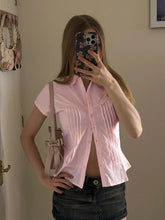 Bxoxo Pink / White Slim Blouse Shirts Summer Women Turn Down Collar Short Sleeve Folds Button Solid Cropped Tops y2k coquette