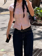 Bxoxo Pink / White Slim Blouse Shirts Summer Women Turn Down Collar Short Sleeve Folds Button Solid Cropped Tops y2k coquette
