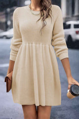BXOXO - Solid Color Shirring Long Sleeve Knitted Dress