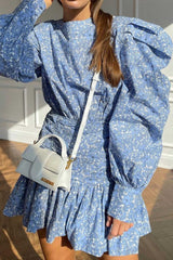 BXOXO - Blue Puff Sleeve Gathered Ruffle Floral Dress