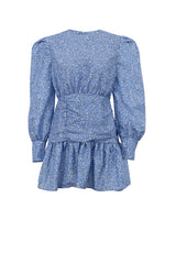 BXOXO - Blue Puff Sleeve Gathered Ruffle Floral Dress