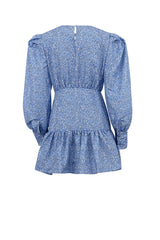 BXOXO - Blue Puff Sleeve Gathered Ruffle Floral Dress
